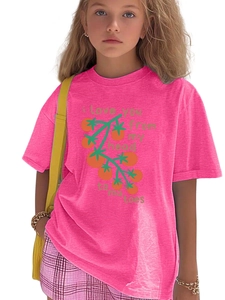 Detail of pink cotton t-shirt with I love you from my head to-ma-toes tomato print