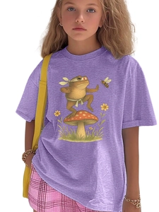 Close-up of children's heather purple T-shirt with kung fu frog and mushroom print