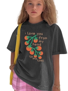 Detail of grey kids t-shirt with I love you tomato graphic and soft knit texture