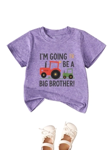Detailed flat lay of a purple cotton kids T-shirt with a tractor print and brother quote