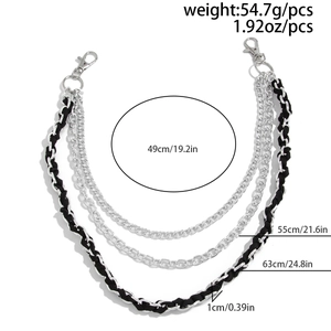 Three-layer silver metal pants chain with black leather weave and lobster clasps