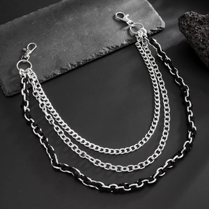 Multi-layer silver metal curb chain with black rope detailing and industrial lobster clasps
