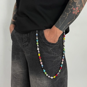 Rainbow rhinestone ball trouser chain with colorful crystals and silver spacers