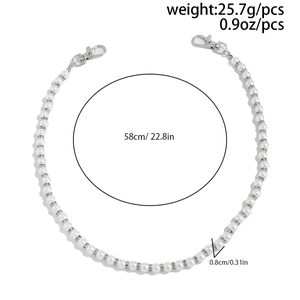 Detail of 58cm white faux pearl jean chain with rhinestone rings and lobster clasps