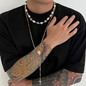 Men Artificial Pearl Necklace Gold Plated Alloy Cross Pendant Vintage Religious Virgin Mary Medal Rhinestone Star Layered Jewelry