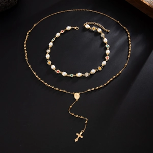 Men's 2-piece necklace set with gold pearl cross pendant and colorful rhinestones