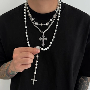 Gothic Layered Necklace Collection For Men Cross Pendant Faux Artificial Pearl Star Charms Retro Streetwear Alloy Jewelry