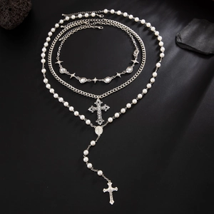 Three-layer retro necklace set with cross pendants and white pearls for a gothic look