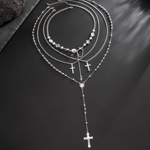 Parure de colliers multicouches hip hop pour homme avec pendentifs croix et étoiles