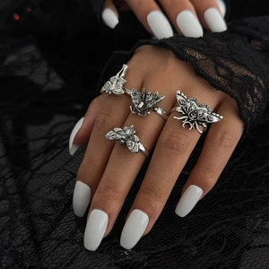 Gothic moth ring set in vintage silver metal with butterfly embossed details on lace