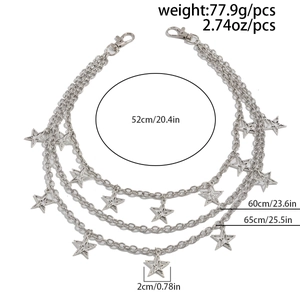 Three-layer silver metal pants chain with hollow star pendants and size measurements