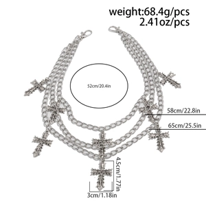 Three-layer silver metal hip-hop chains with gothic crosses and lobster clasps detail