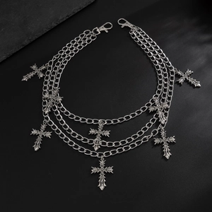 Three-layer silver metal pants chain with Gothic cross pendants and lobster clasps