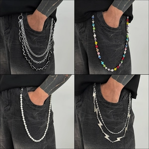 Hip Hop Pant Chain Multi Layer Metal Streetwear Jeans Chain Rhinestone Artificial Pearl Lightning Pendant Decorative Belt Chain