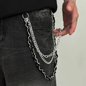 Multi-layer silver metal pants chain with black woven detail and punk street style hip-hop vibe