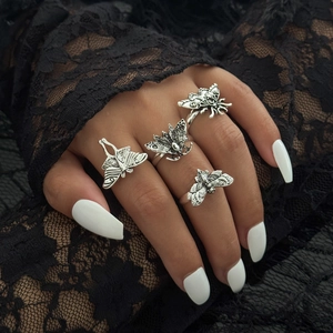 Gothic vintage silver butterfly and moth rings set for women featuring 4 unique insects
