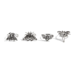 Gothic antique silver moth ring set for women with four adjustable butterfly rings