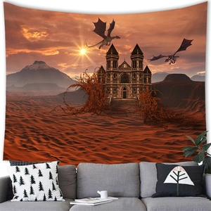 Epic fantasy dragon castle tapestry hanging above a grey sofa for wall decor