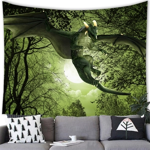 Detail showing high-quality brushed fabric texture and vivid fantasy dragon print on tapestry