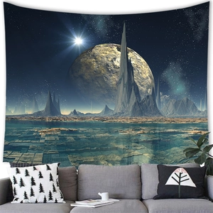 Sci-fi outer space planet tapestry wall hanging decoration over a modern sofa