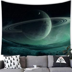 Alien planet sci-fi tapestry with cosmic rings and nebula hanging above a modern sofa