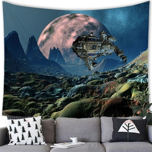 Detail of sci-fi alien tapestry with spaceship and giant pink planet over a sofa