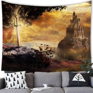 Detail of epic fantasy tapestry featuring a sword in rock and mountain castle at sunset