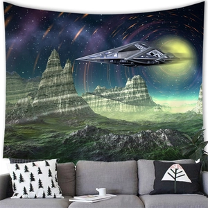 Detailed view of sci-fi alien tapestry with spacecraft and nebula in modern living room decor