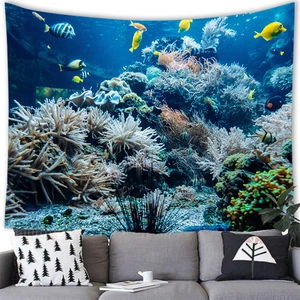 Tropical deep sea fish tapestry wall hanging with colorful coral reefs for living room