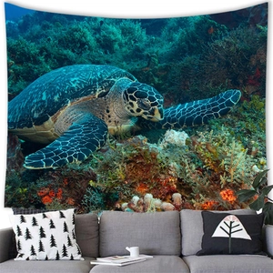 Detailed wall tapestry showing a realistic sea turtle swimming near a colorful coral reef