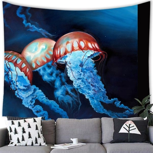 Detailed view of deep sea jellyfish tapestry hanging above a modern living room sofa