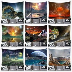 Sci-Fi Outer Space Planet Alien Landscape Wall Hanging Tapestry Polyester Fabric Galaxy Starry Night Backdrop For Bedroom Decor