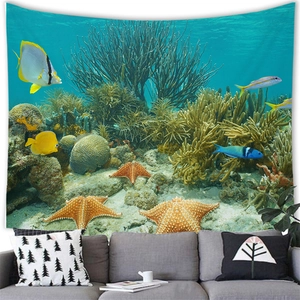 Detailed view of deep sea fish tapestry hanging on a wall behind a modern grey sofa