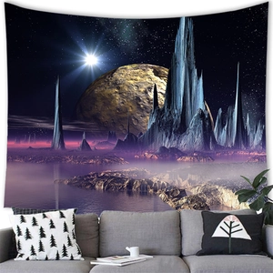 Close-up of alien city tapestry with glowing stars and purple sci-fi landscape