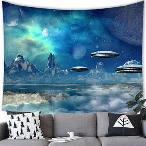 Modern living room featuring a sci-fi UFO spaceship wall tapestry over a gray sofa