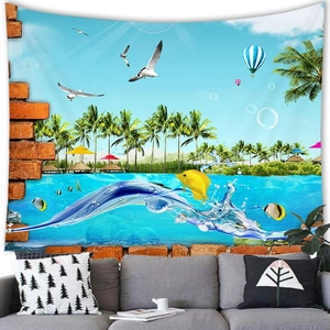 3D oceaan strand wandkleed met baksteeneffect hangend boven een grijze bank