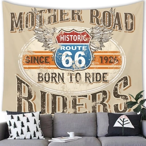 Retro Route 66 peach skin tapestry with eagle wings over a grey sofa for home decor