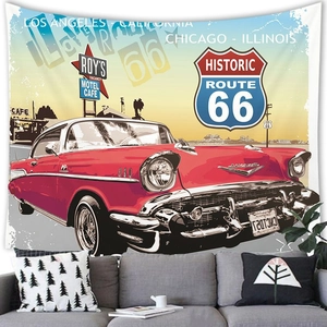Close-up of vintage American Route 66 wall tapestry showing a classic red car in a living room