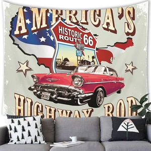 Classic Route 66 peach skin tapestry hanging over a grey sofa in a retro living room