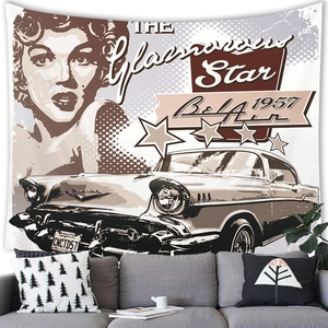 Vintage American car and Monroe portrait wall tapestry for retro living room decor