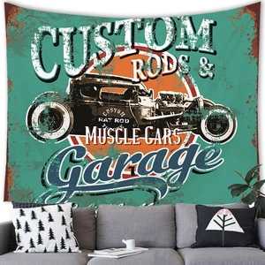 Detail of teal retro custom rod muscle car tapestry hanging over a sofa in a living room