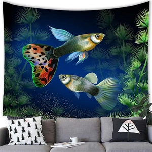 Deep sea tapestry featuring colorful guppies and aquatic plants in a modern home interior