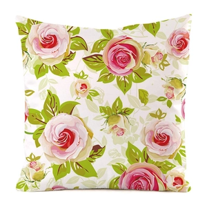 Detailansicht der rosa Rosen auf einem weißen Deko-Kissenbezug aus Kunstseide