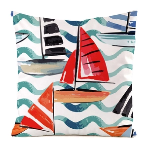 Detail of nautical sailboat print and fabric texture on a square decorative pillowcase