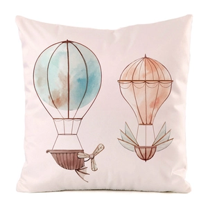 Detail of square silk cushion cover featuring two watercolor hot air balloons in light pink
