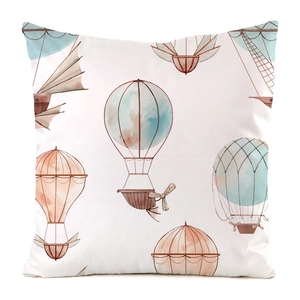 Detailed view of square faux silk pillow cover with vintage watercolor hot air balloon design