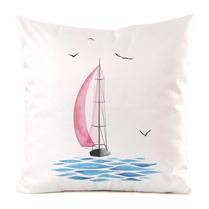 Detail of sailboat and seagull watercolor print on soft white faux silk cushion cover