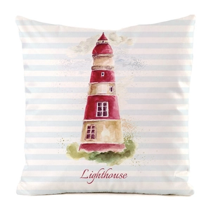 Close-up of nautical lighthouse print and red Lighthouse text on striped silk pillowcase