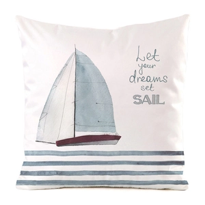 Detail of silk-like pillowcase with watercolor sailboat print and nautical stripes