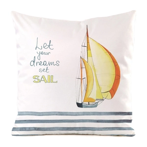 Detail of sailboat watercolor illustration and inspirational text on silk pillowcase